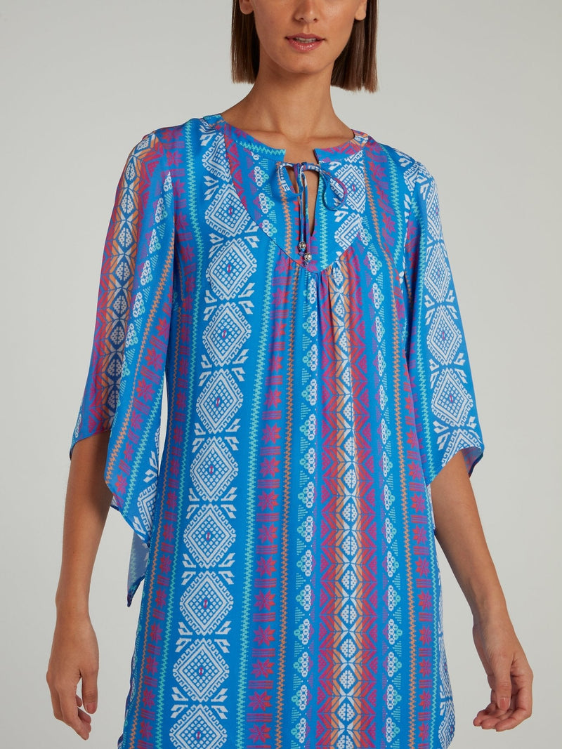 Blue Jacquard Print Half Sleeve Shift Dress