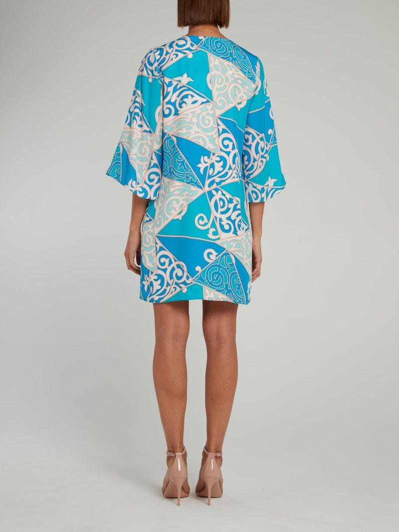 Blue Jacquard Print V-Neck Shift Dress