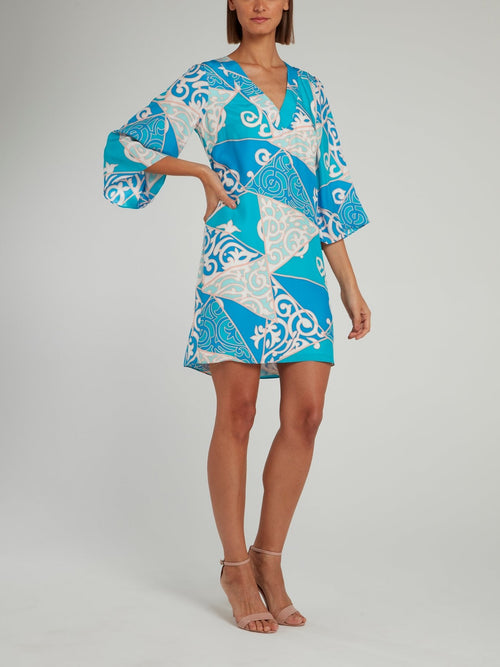 Blue Jacquard Print V-Neck Shift Dress