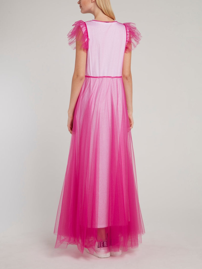 Pink Cap Sleeve Tulle Maxi Dress