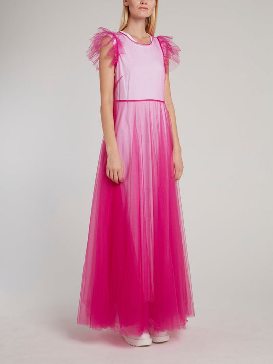 Pink Cap Sleeve Tulle Maxi Dress