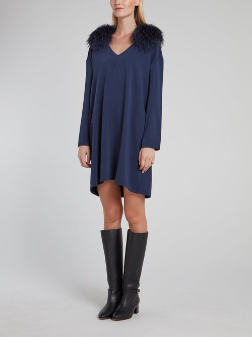 Navy Raccoon Fur Collar Shift Dress