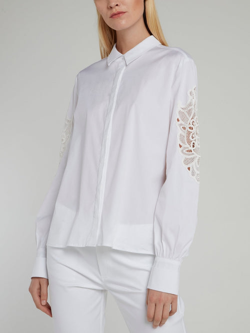 White Lace Panel Bishop Sleeve Shirt