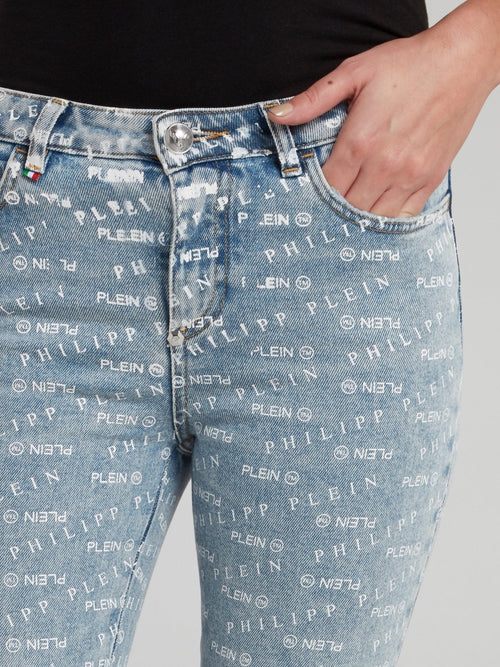 Monogram Print Slim Fit Denim Jeans