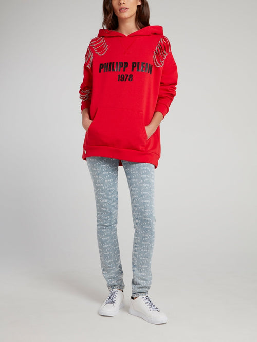 Red Chain Embellished Logo Hoodie