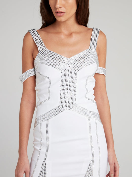 White Geometric Studded Multi-Strap Mini Dress