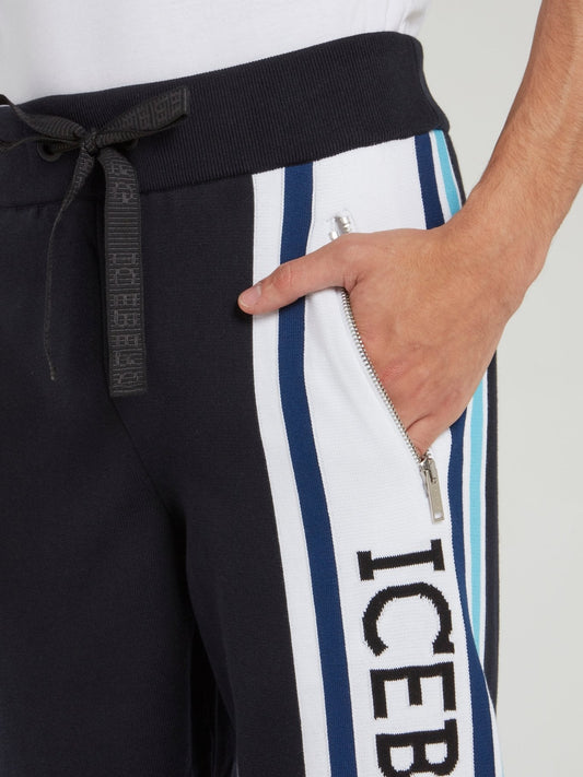 Navy Side Stripe Logo Drawstring Track Pants