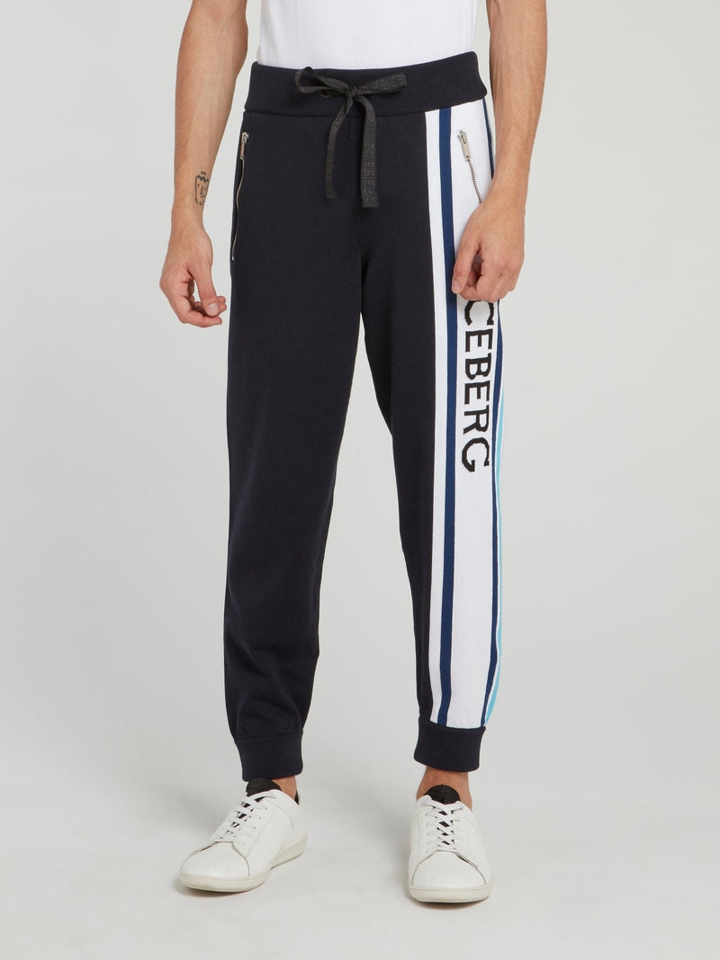 Navy Side Stripe Logo Drawstring Track Pants