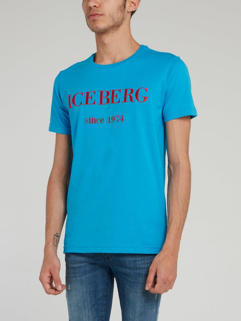 Blue Logo Embroidered Cotton T-Shirt