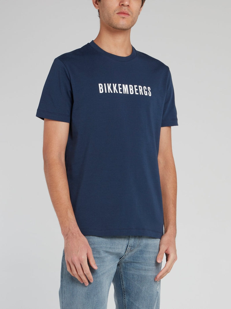 Navy Logo Print Cotton T-Shirt