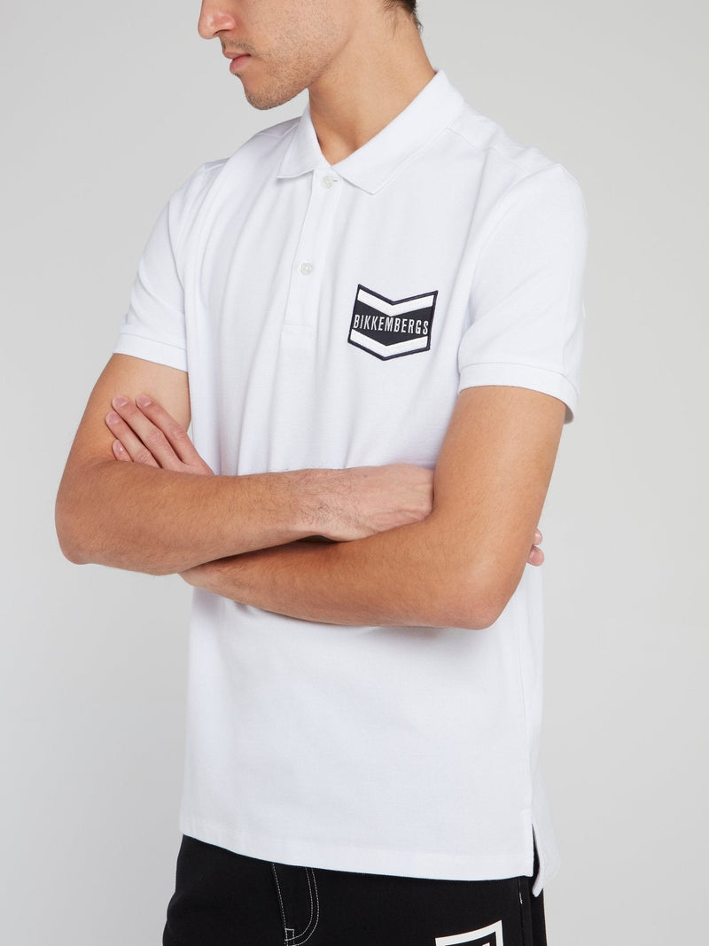 White Logo Embroidered Cotton Polo Shirt