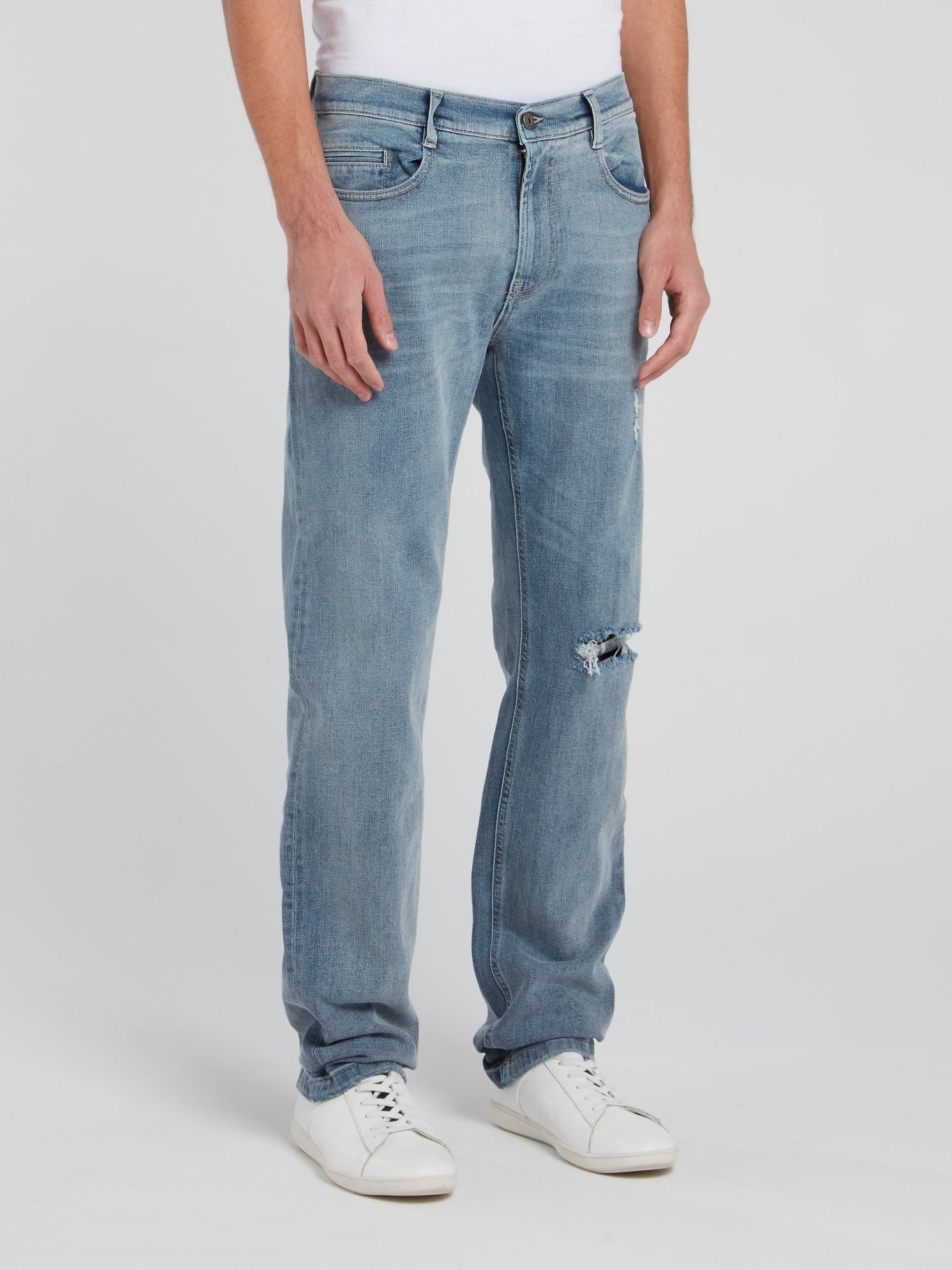 Distressed Straight Cut Denim Trousers