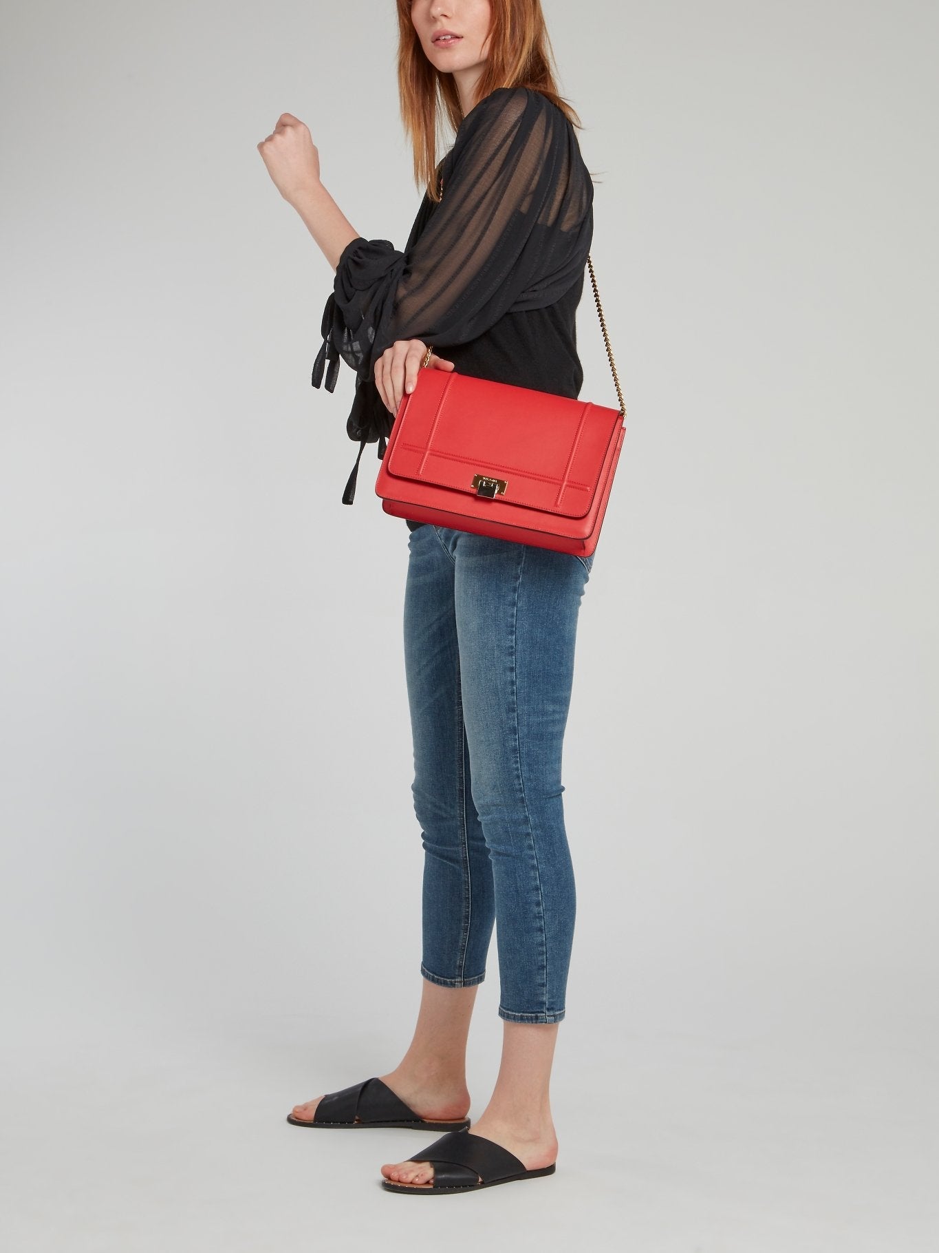 Lizzy Red Brass Strap Leather Shoulder Bag