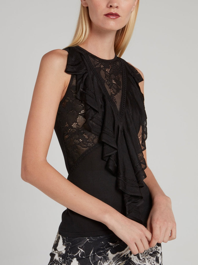 Black Lace Panel Cascade Top