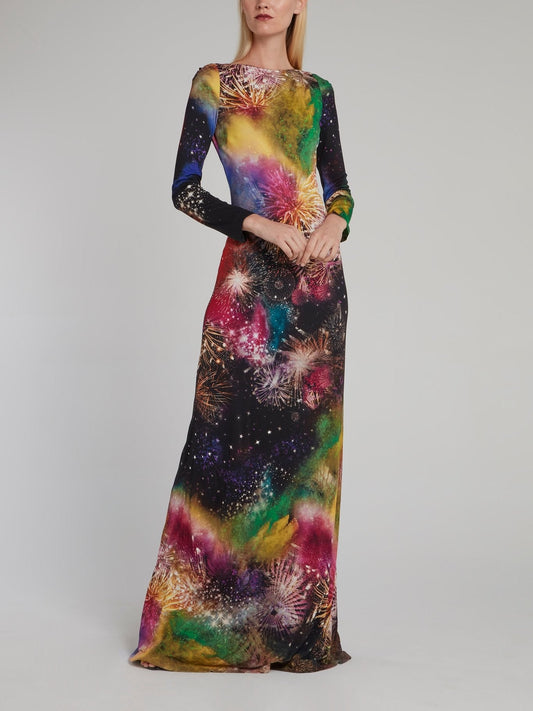 Firework Print Long Sleeve Maxi Dress