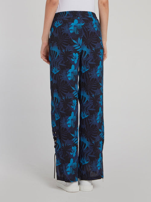 Navy Floral Print Wide Leg Pants