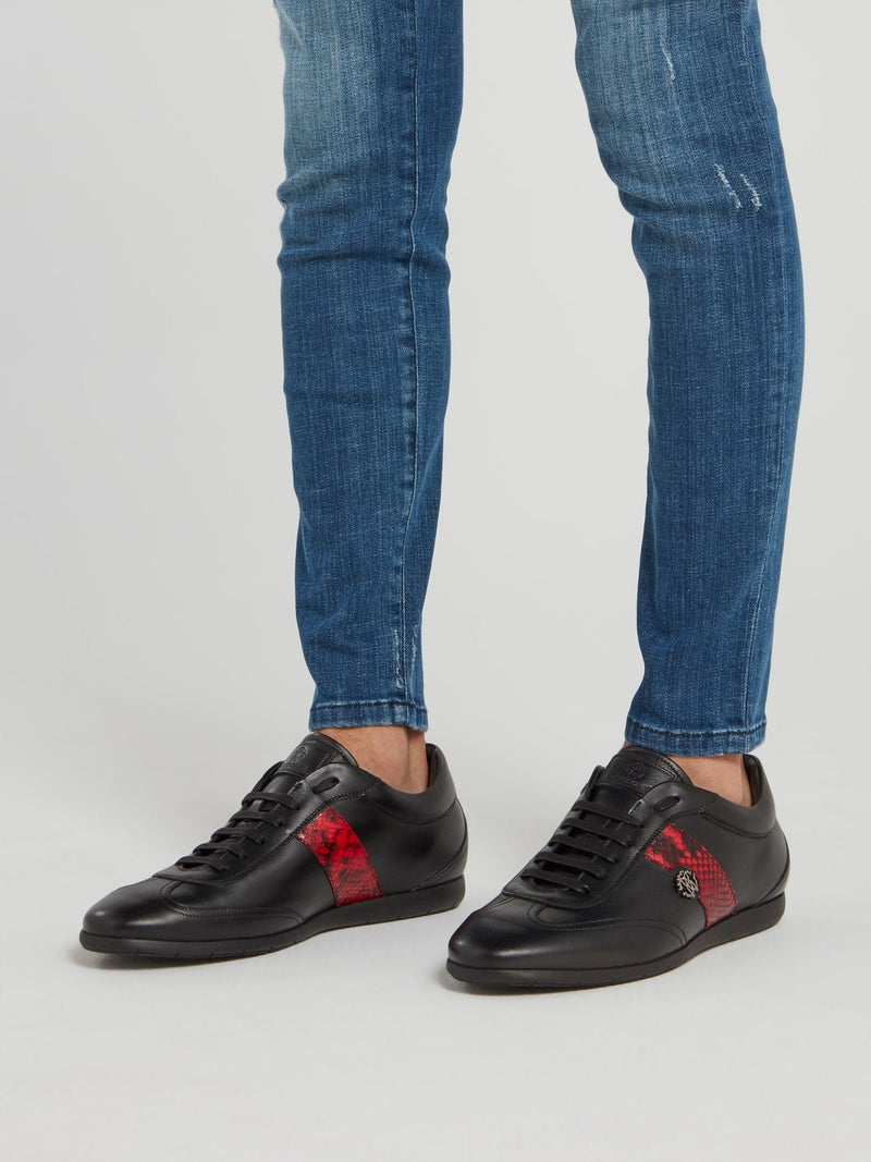 Black with Red Python Panel Leather Sneakers