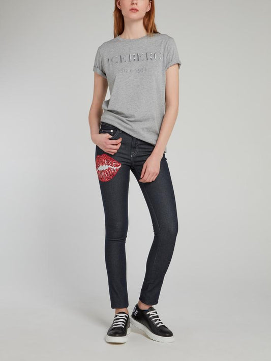 Dark Wash Sequin Lips Skinny Jeans