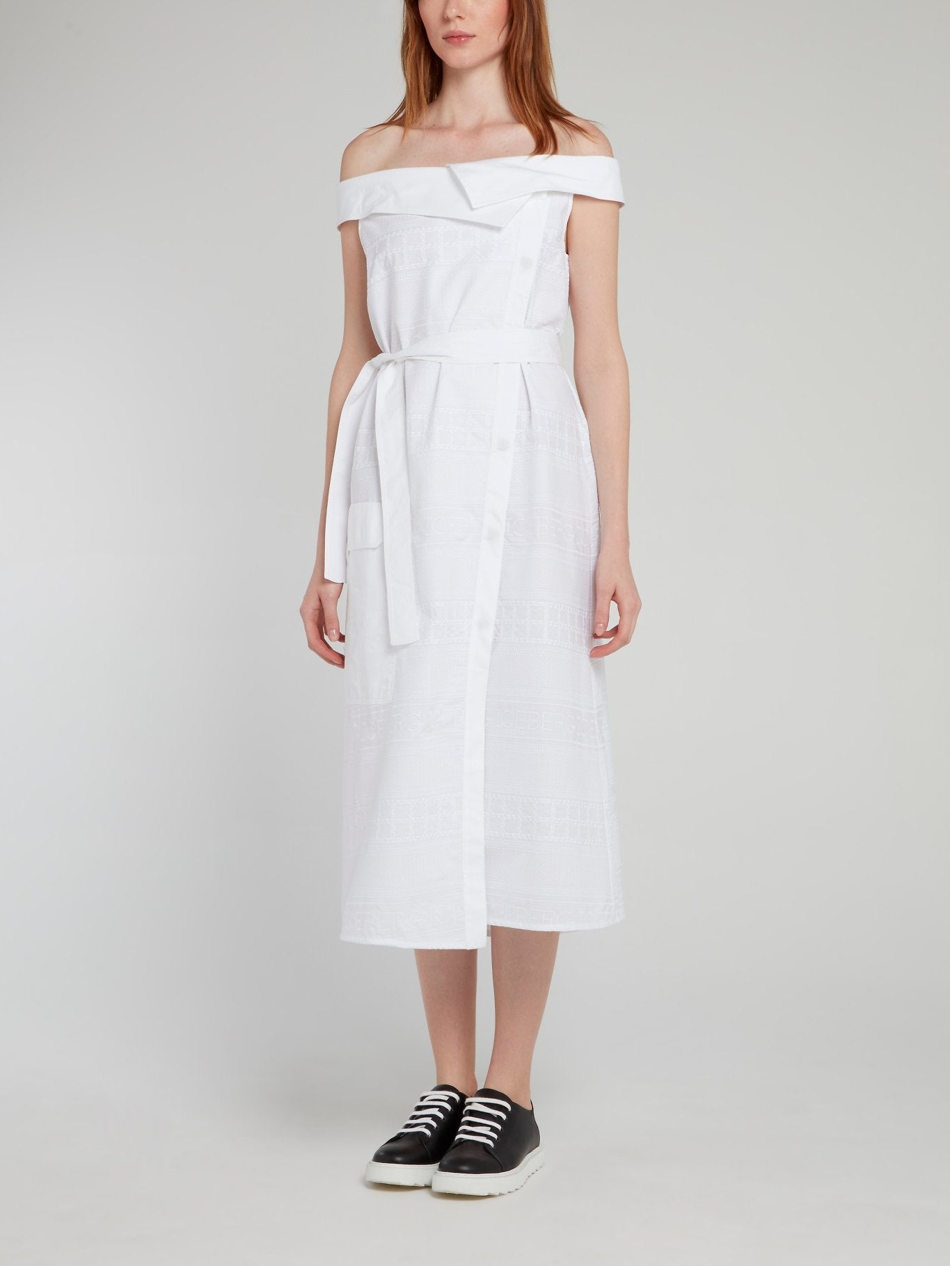 White Off-The-Shoulder Tie Front Midi Dress