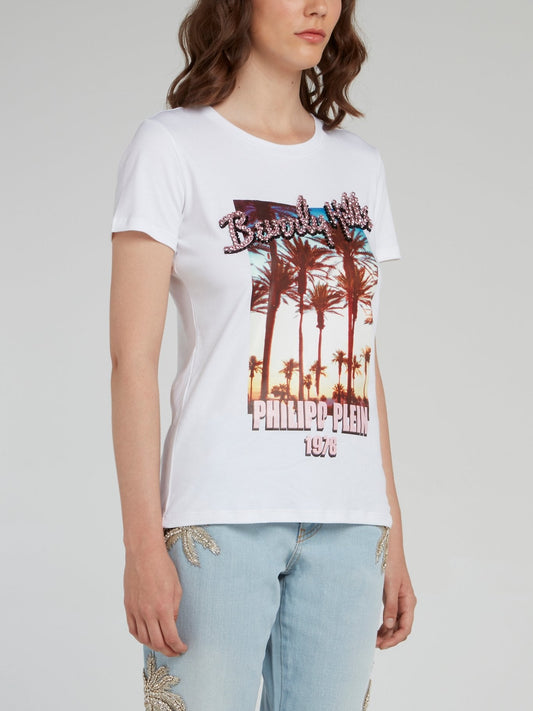 White Embellished Graphic Print T-Shirt