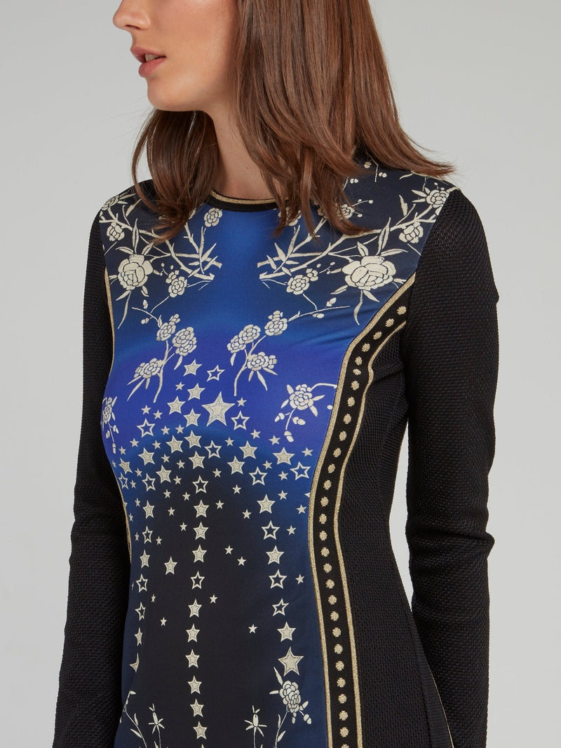 Black Panel Star Print Long Sleeve Mini Dress