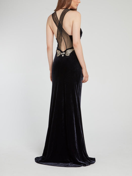 Black Mesh Neckline Velvet Maxi Dress