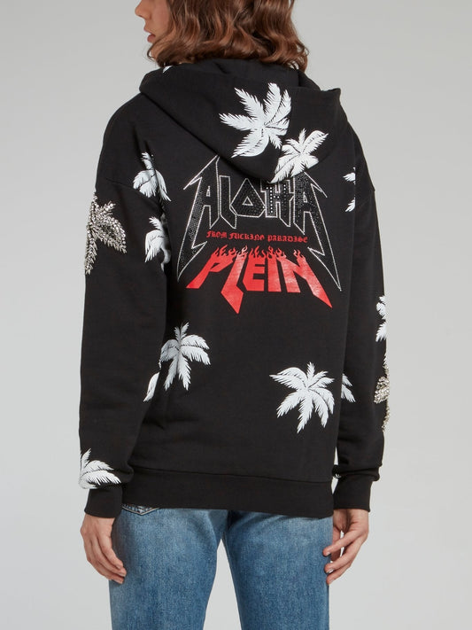 Aloha Plein Black Embellished Hooded Sweatshirt