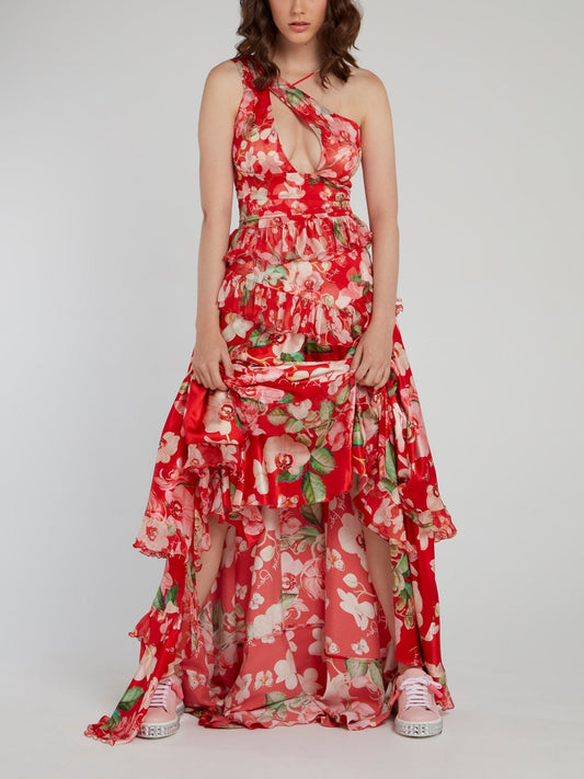 Red Floral Tiered Frill Maxi Dress