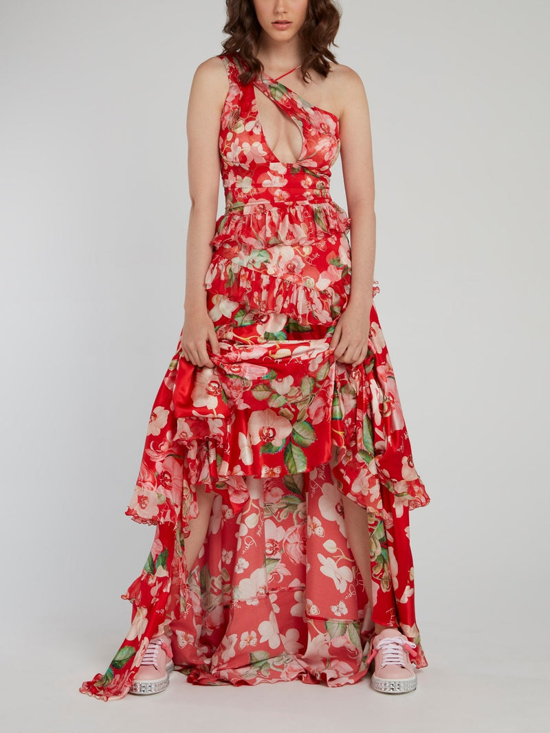 Red Floral Tiered Frill Maxi Dress