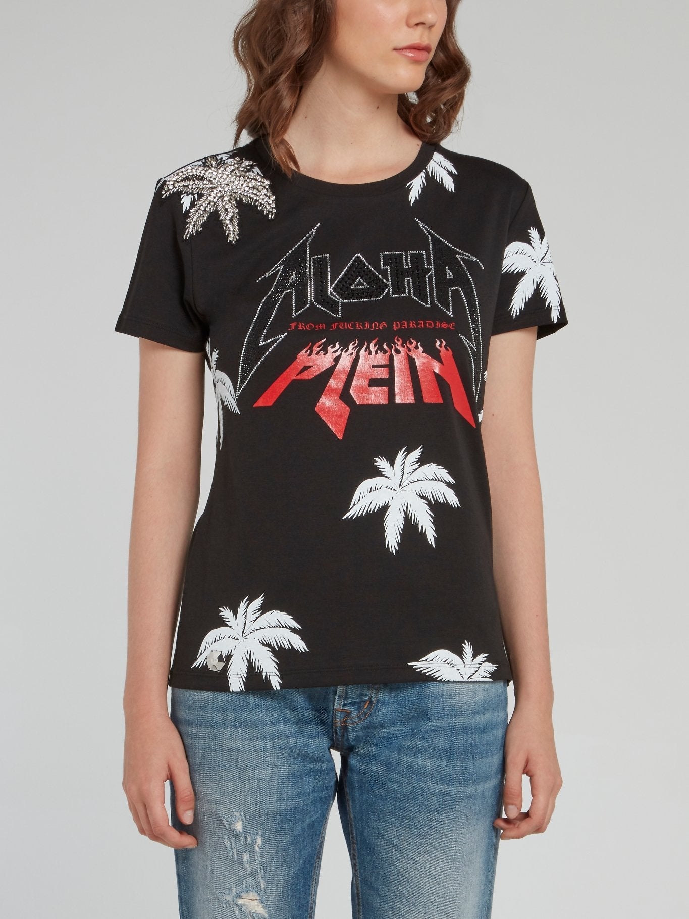 Aloha Plein Black Embellished Crewneck T-Shirt