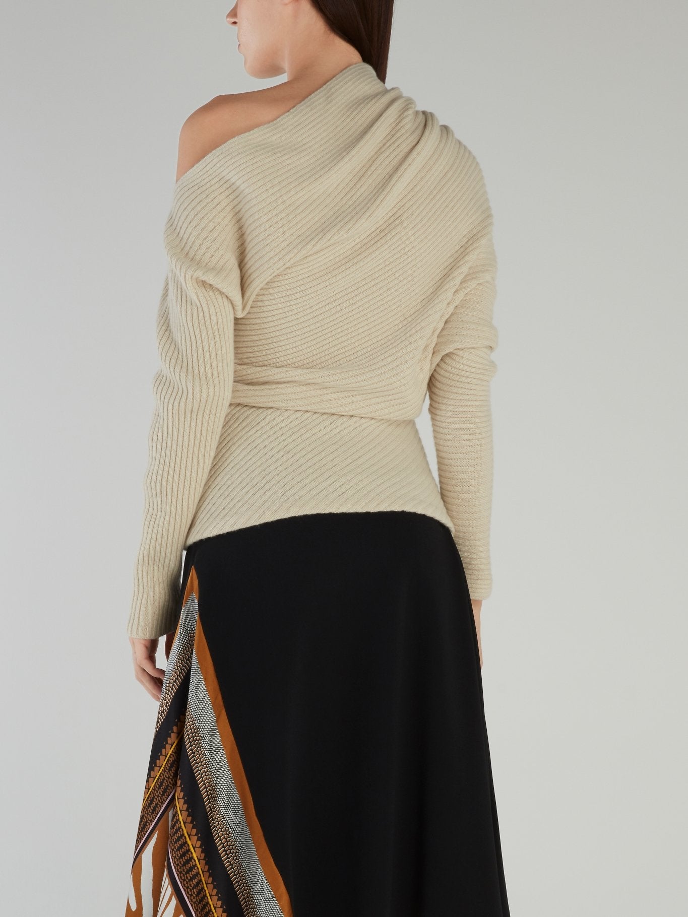 Beige One-Shoulder Ribbed Sweater