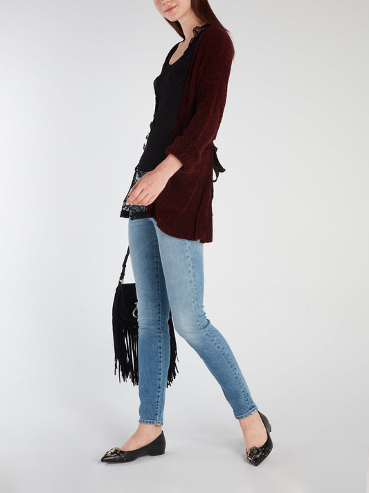 Burgundy Lace Panel Ribbed Cardigan