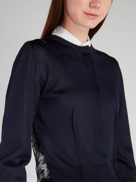 Navy Ribbed Mesh Panel Top