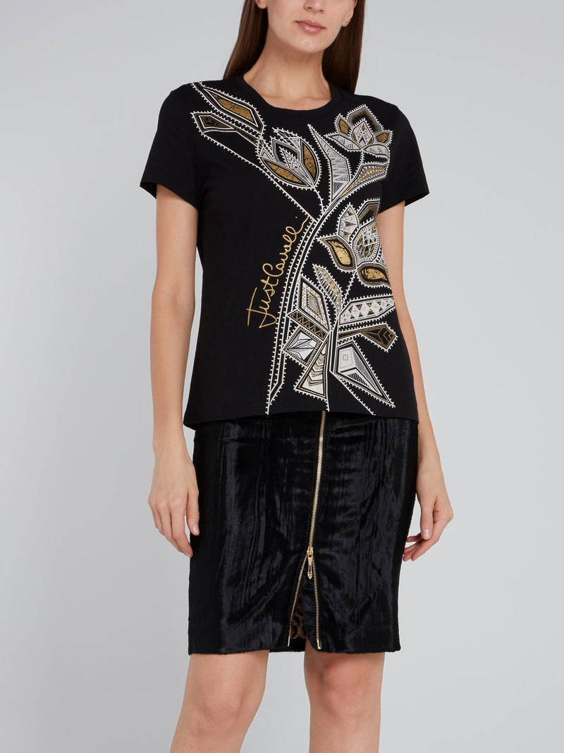 Black Geometric Floral Print T-Shirt