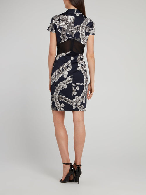 Navy Printed Mesh Panel Dress