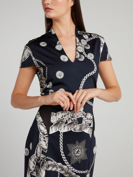 Navy Printed Mesh Panel Dress