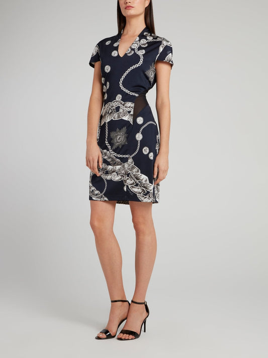 Navy Printed Mesh Panel Dress