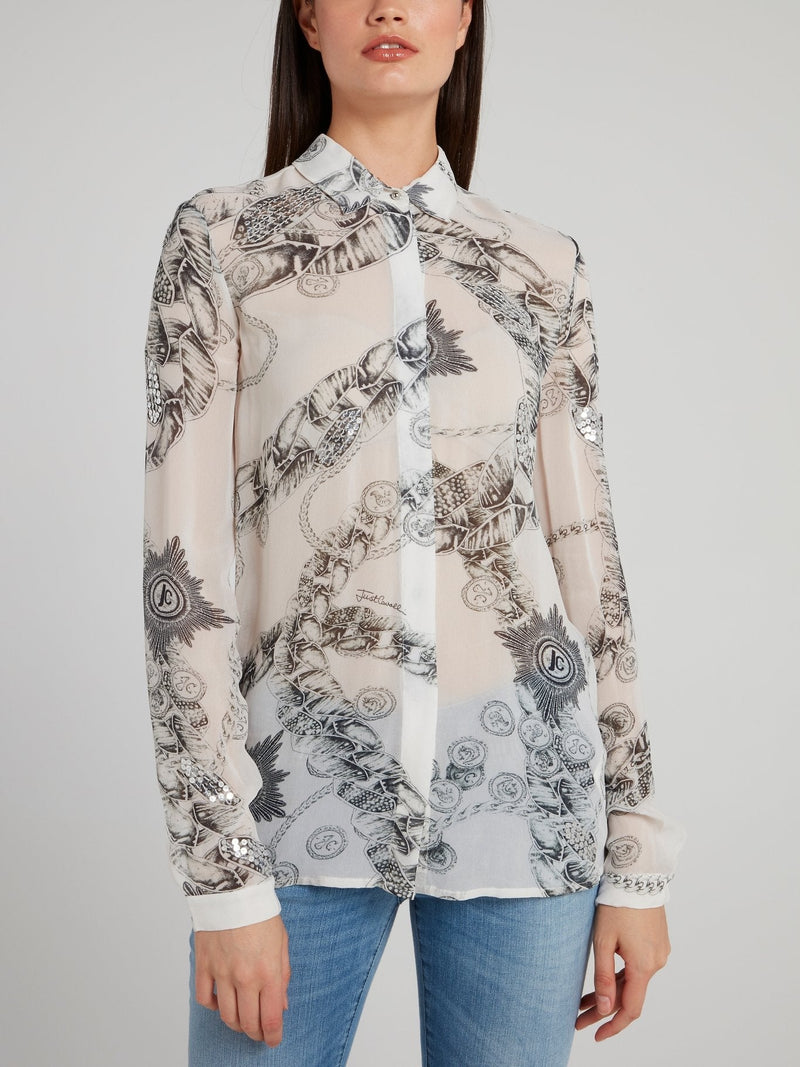 White Chain Print Chiffon Shirt