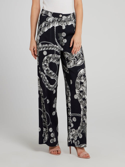 Black Chain Print Wide Leg Pants