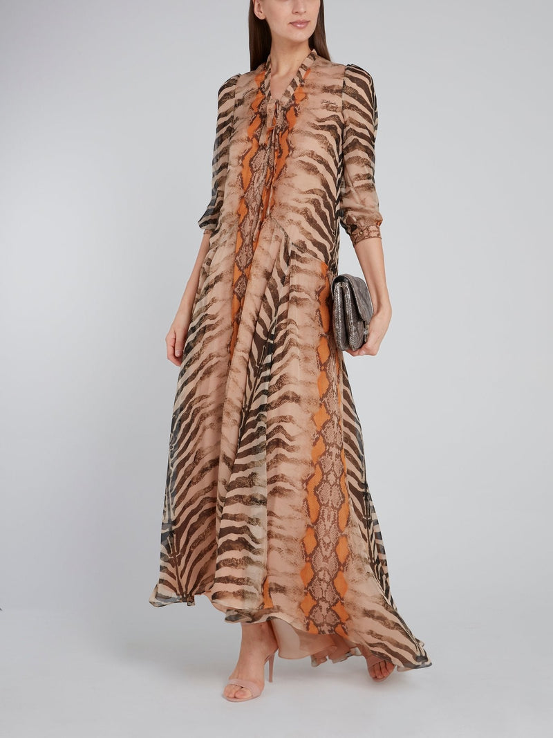 Beige Animal Print Tent Silk Dress