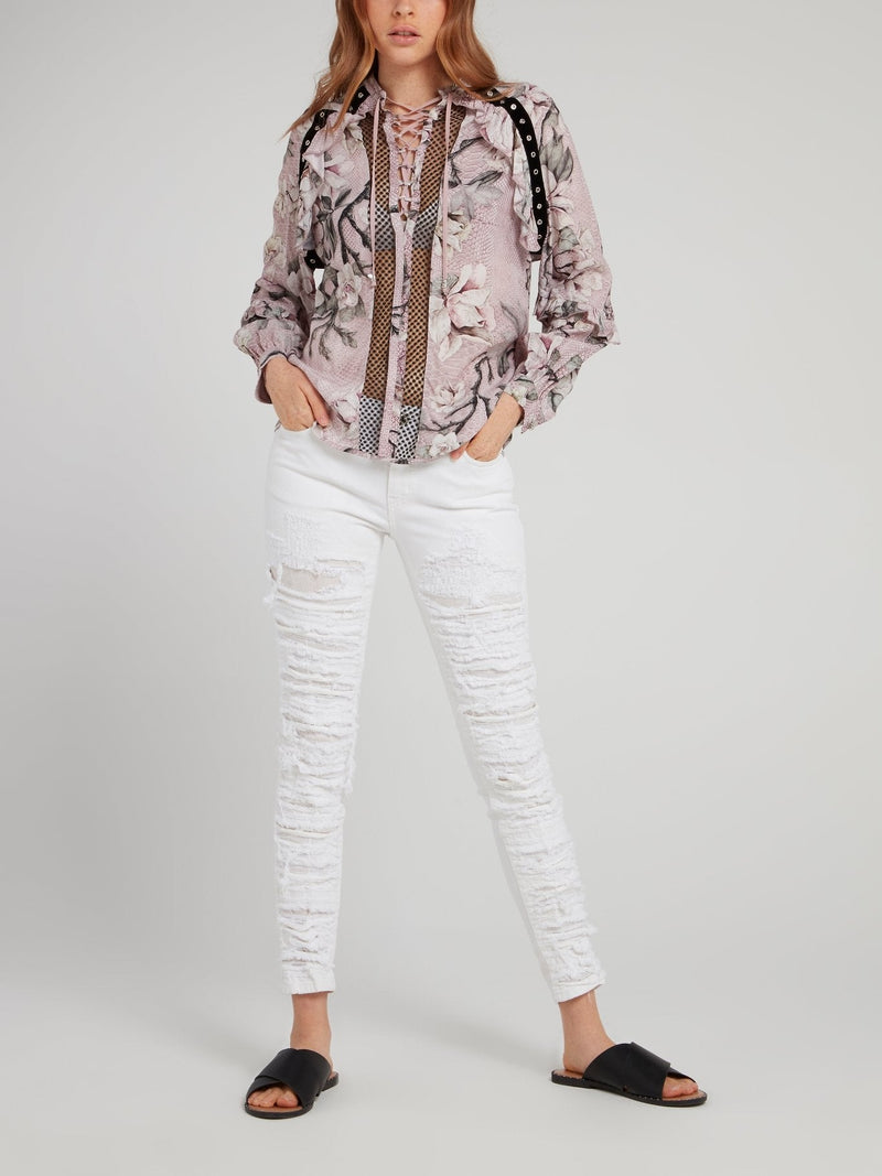 Pink Snake Floral Lace Up Shirt