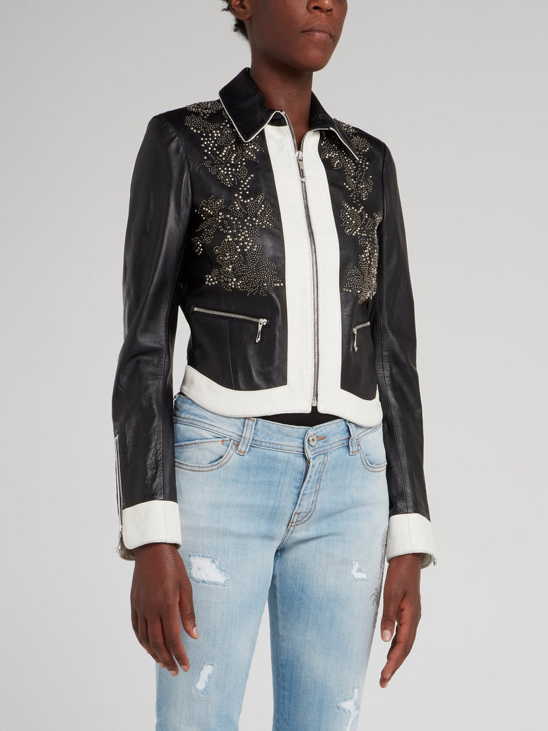 Black Contrast Studded Leather Jacket