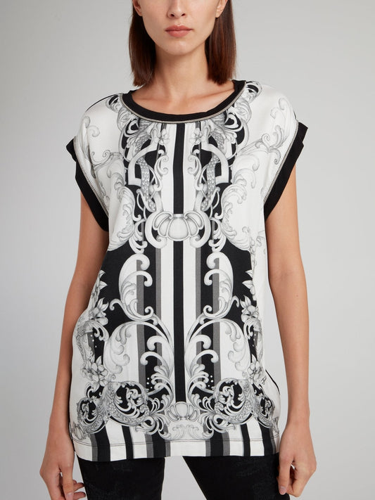 White Contrast Baroque Print Top