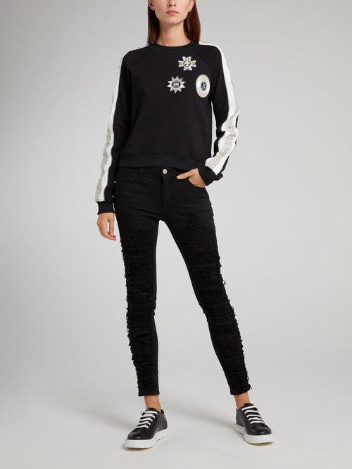 Black Sleeve Stripe Appliquéd Sweatshirt