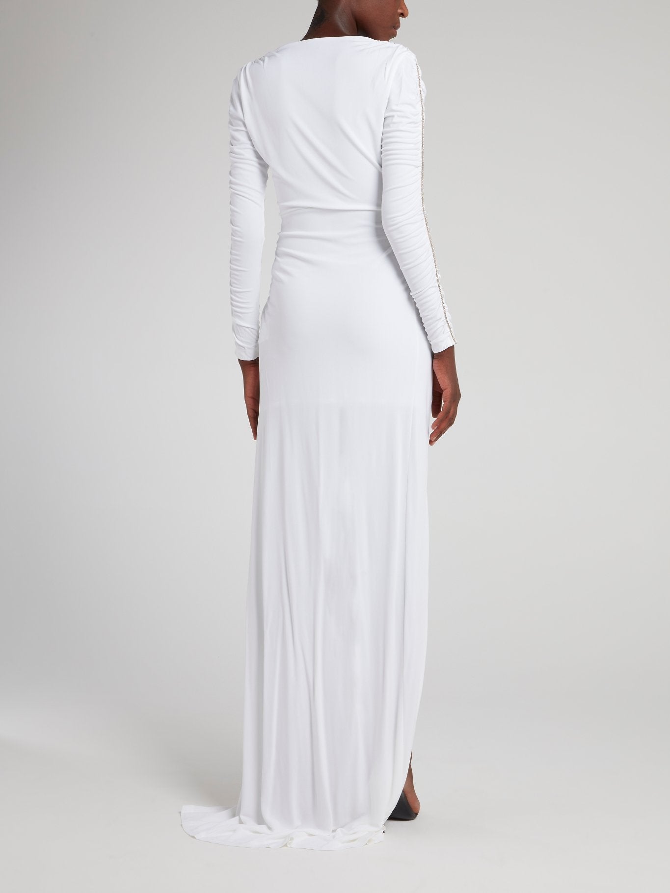 White Ruched Sleeve Maxi Dress