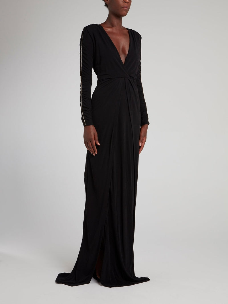 Black Ruched Sleeve Maxi Dress