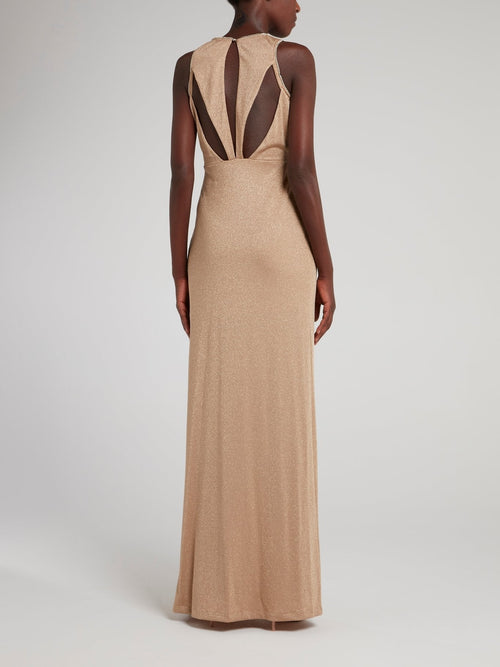 Beige Glitter Slit Maxi Dress