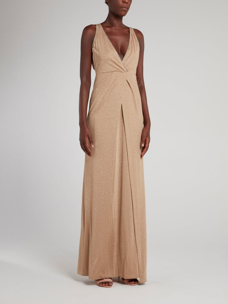 Beige Glitter Slit Maxi Dress