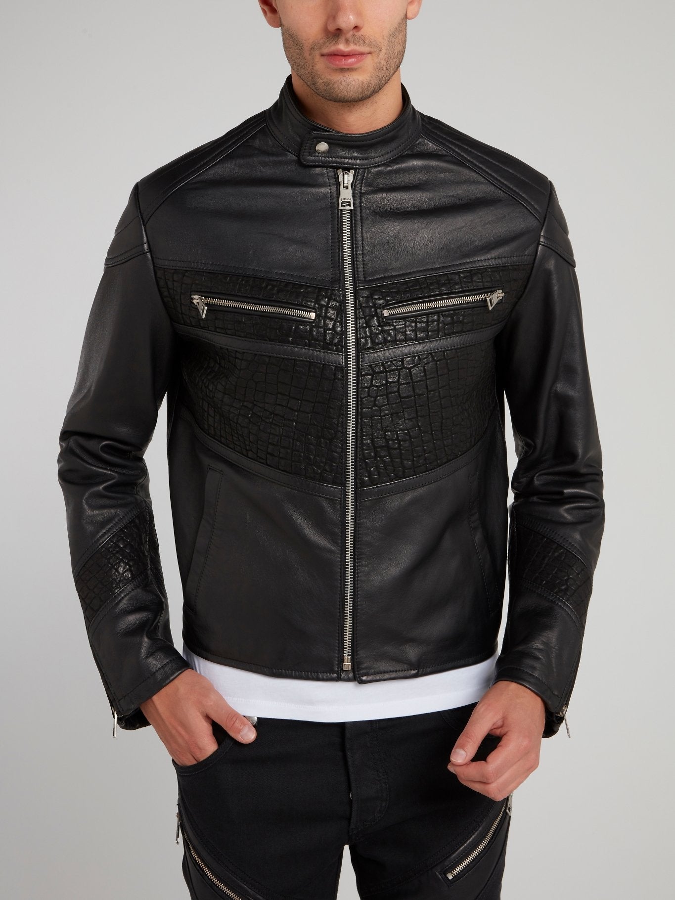 Crocodile Panel Leather Sports Jacket