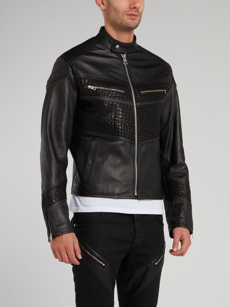 Crocodile Panel Leather Sports Jacket